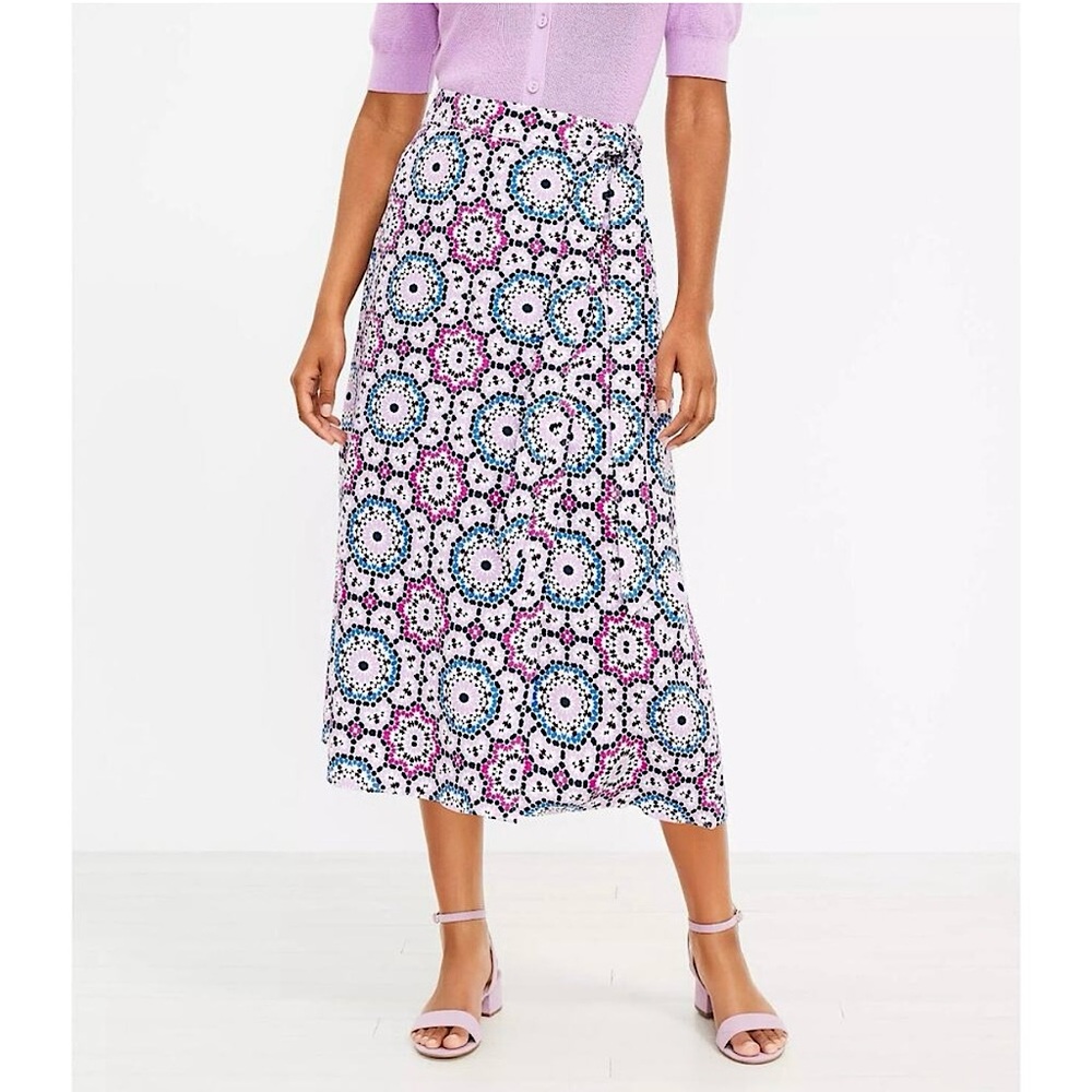 NWT Loft Linen Mosaic Abstract Wrap Midi Skirt Pink Purple Blue Size 12 Petite
